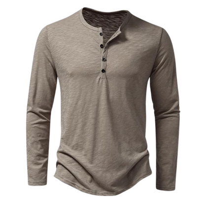 Men's Long Sleeve Henley T-Shirt with Button Placket and Crew Neck