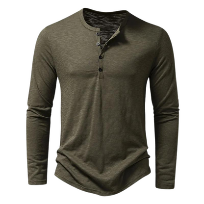 Men's Long Sleeve Henley T-Shirt with Button Placket and Crew Neck