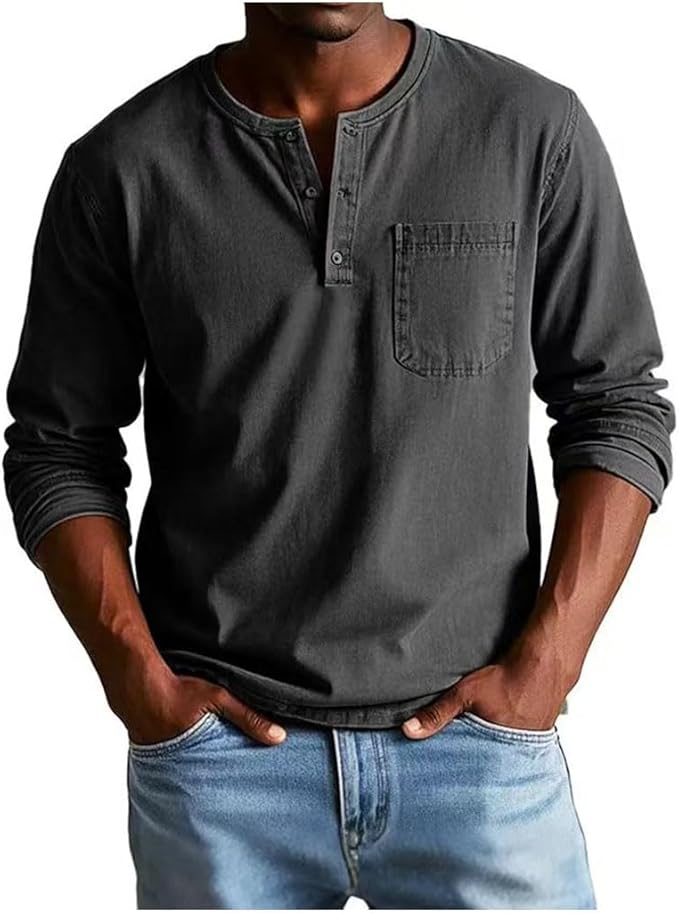 Men's Long Sleeve Henley T-Shirt with Chest Pocket and Button Placket