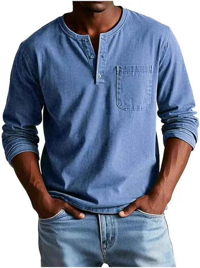 Men's Long Sleeve Henley T-Shirt with Chest Pocket and Button Placket