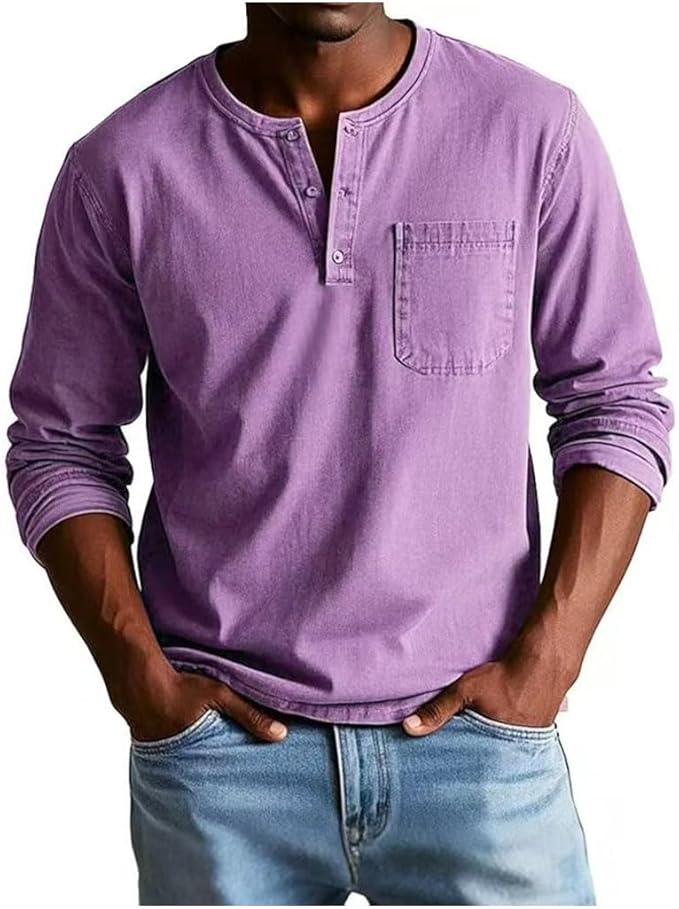 Men's Long Sleeve Henley T-Shirt with Chest Pocket and Button Placket