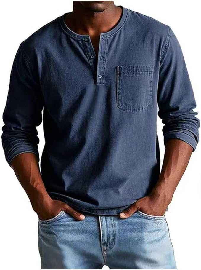 Men's Long Sleeve Henley T-Shirt with Chest Pocket and Button Placket