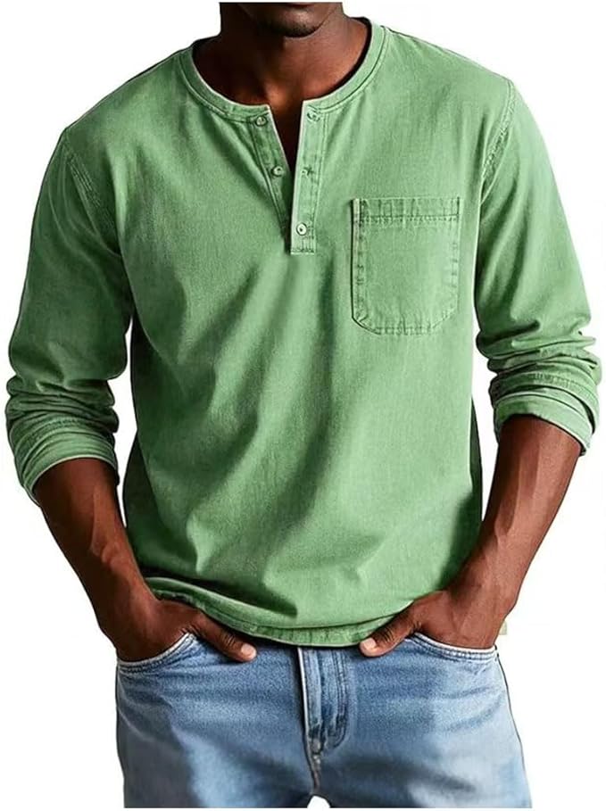 Men's Long Sleeve Henley T-Shirt with Chest Pocket and Button Placket