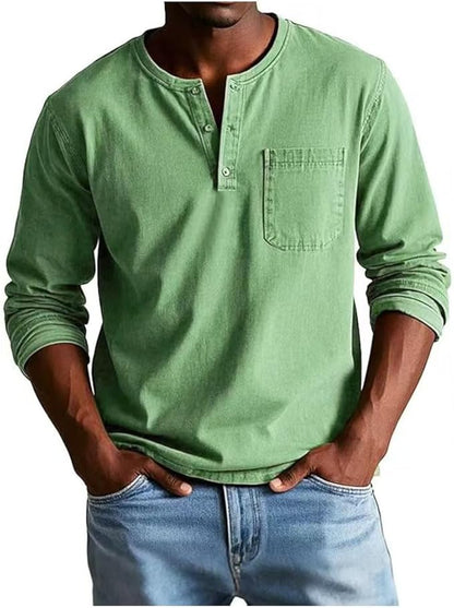 Men's Long Sleeve Henley T-Shirt with Chest Pocket and Button Placket