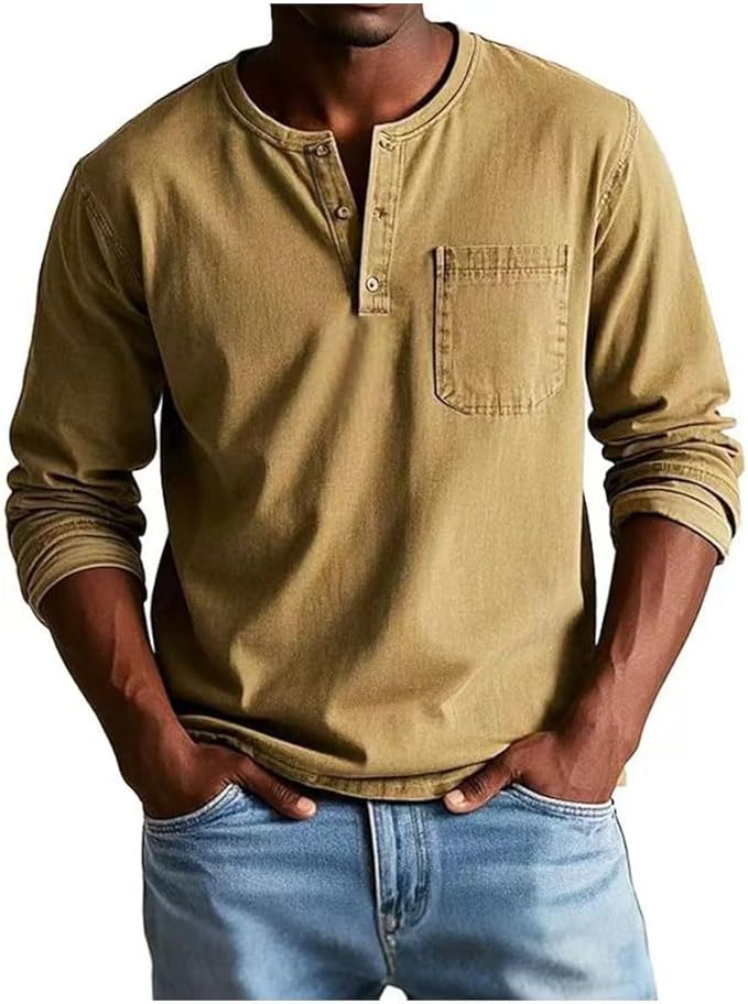 Men's Long Sleeve Henley T-Shirt with Chest Pocket and Button Placket