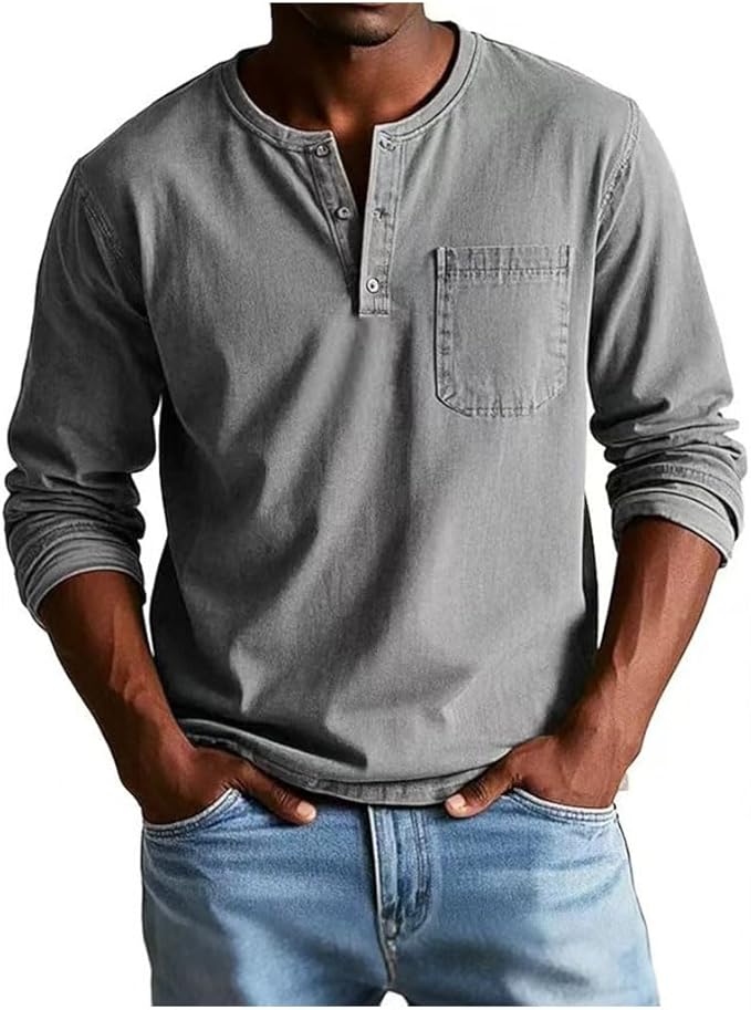Men's Long Sleeve Henley T-Shirt with Chest Pocket and Button Placket