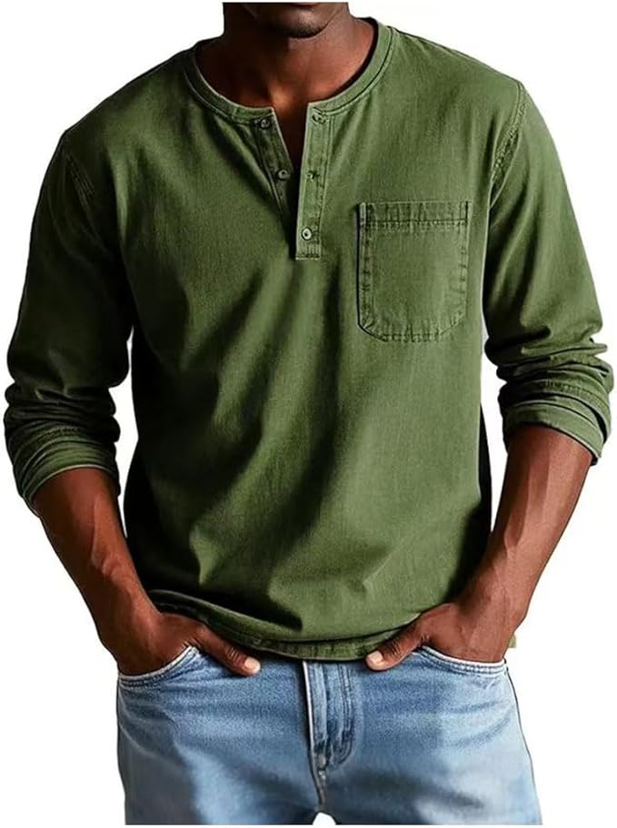 Men's Long Sleeve Henley T-Shirt with Chest Pocket and Button Placket