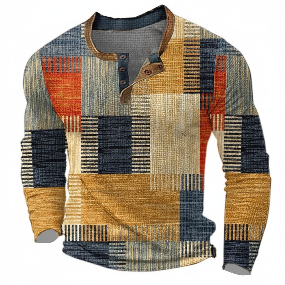 Men's Long Sleeve Henley with Geometric Patchwork Print
