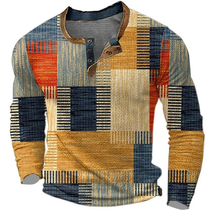 Men's Long Sleeve Henley with Geometric Patchwork Print