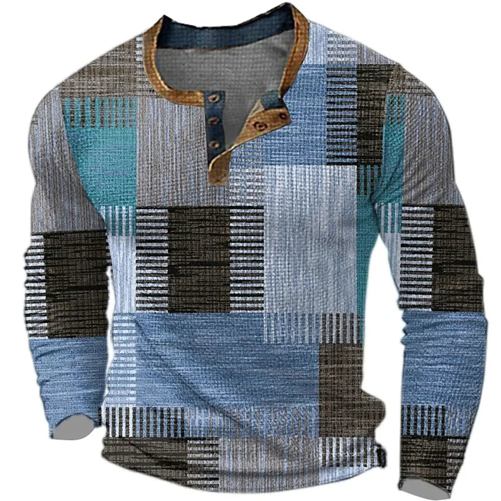 Men's Long Sleeve Henley with Geometric Patchwork Print