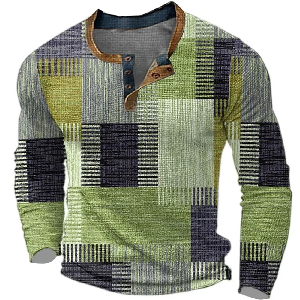 Men's Long Sleeve Henley with Geometric Patchwork Print