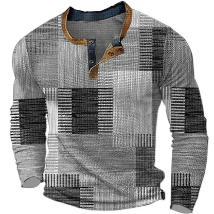 Men's Long Sleeve Henley with Geometric Patchwork Print