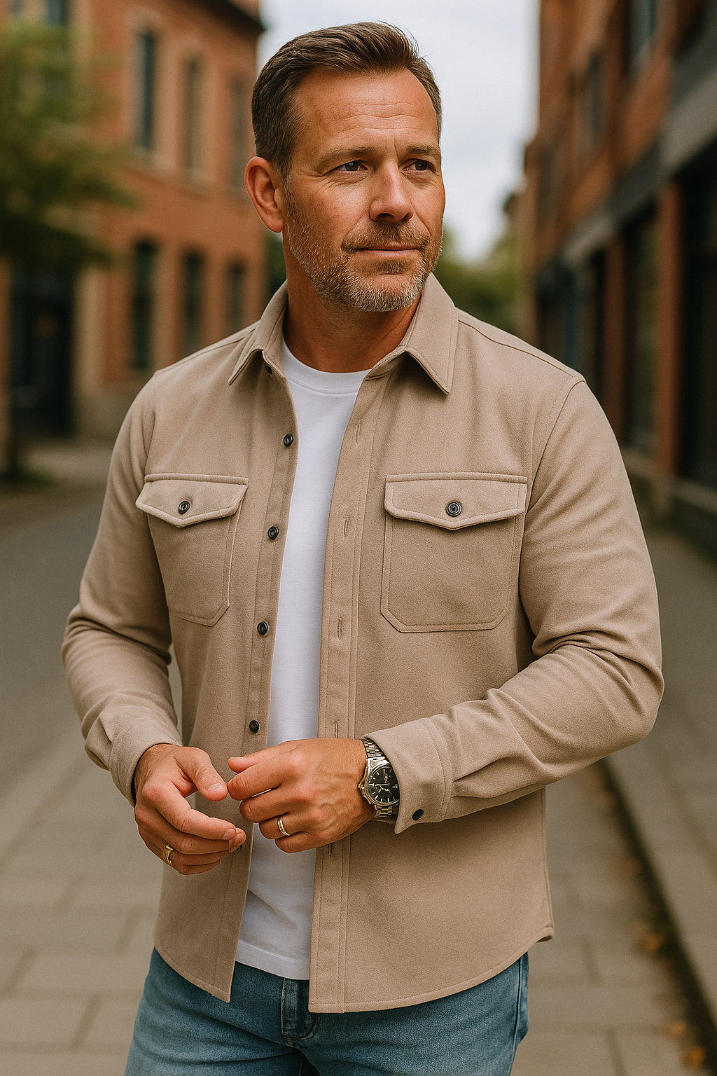 Men's Long Sleeve Overshirt with Button Closure and Chest Pockets