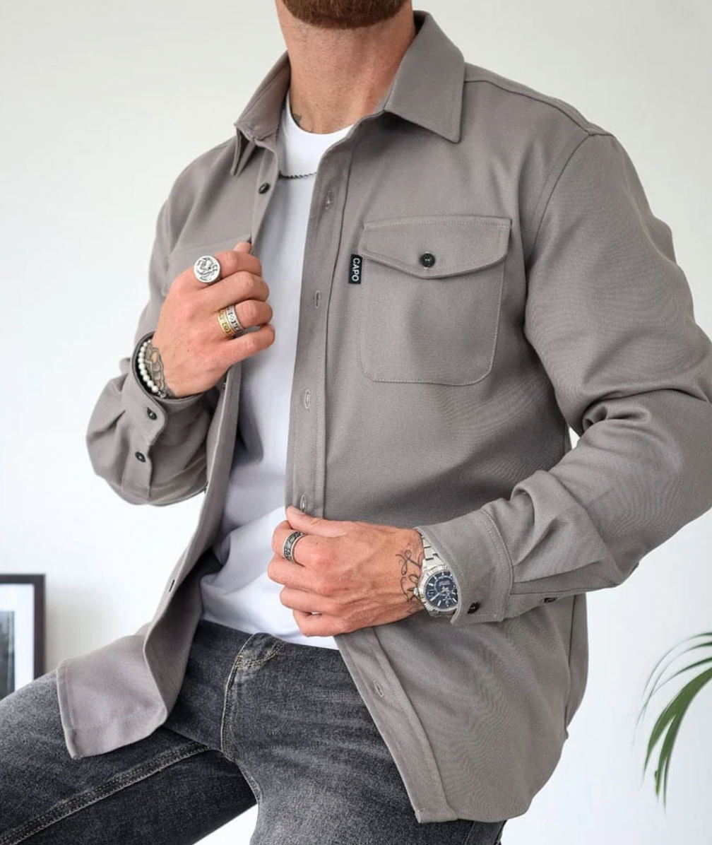 Men's Long Sleeve Overshirt with Button Closure and Chest Pockets