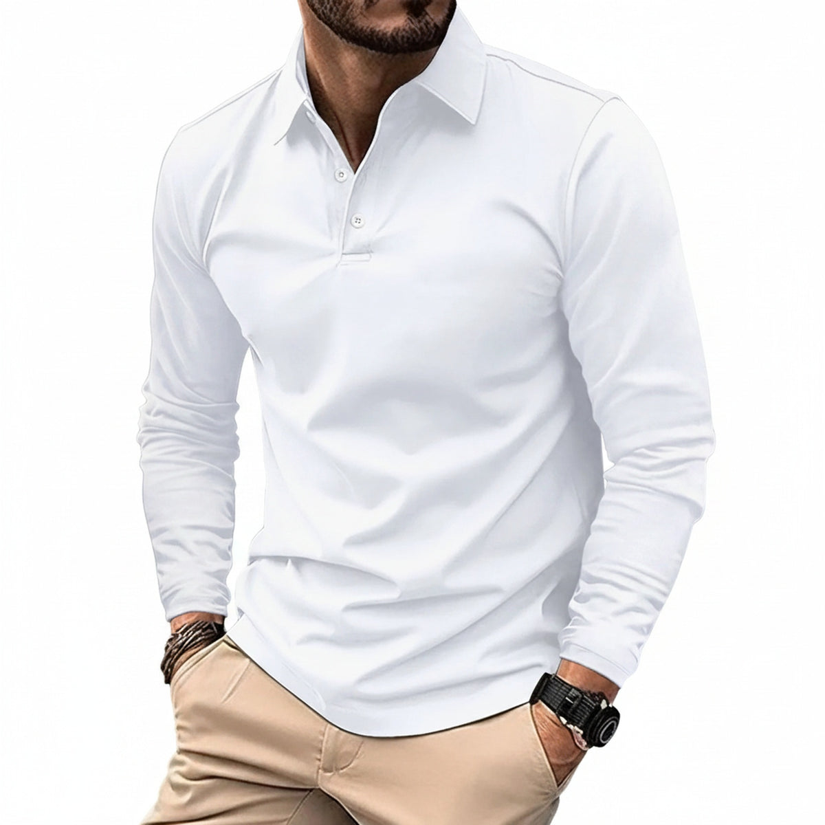 Men's Long Sleeve Polo Shirt Slim Fit with Button Collar