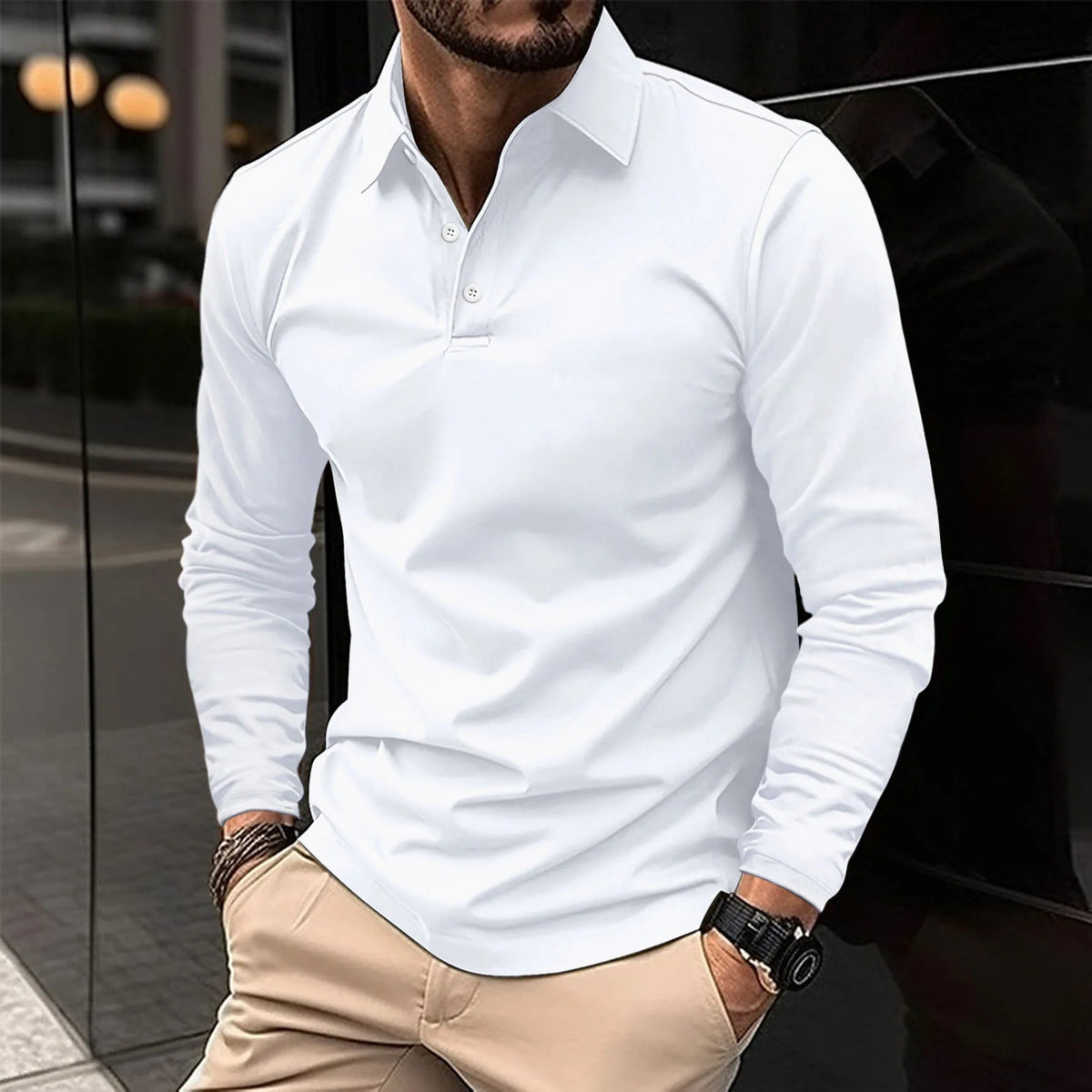 Men's Long Sleeve Polo Shirt Slim Fit with Button Collar