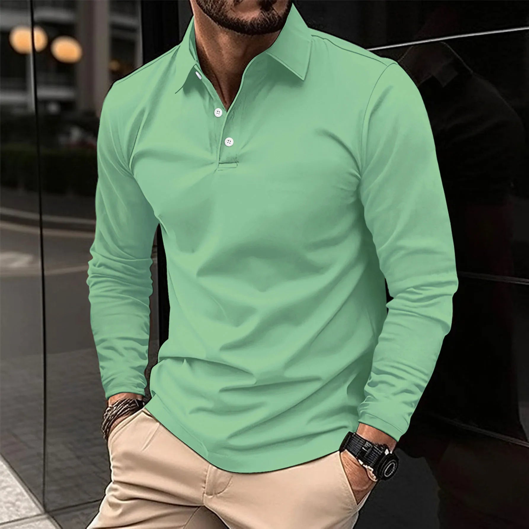 Men's Long Sleeve Polo Shirt Slim Fit with Button Collar
