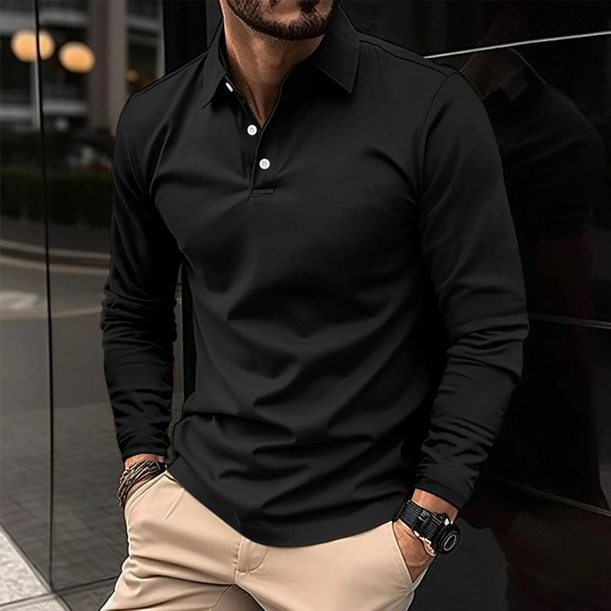Men's Long Sleeve Polo Shirt Slim Fit with Button Collar