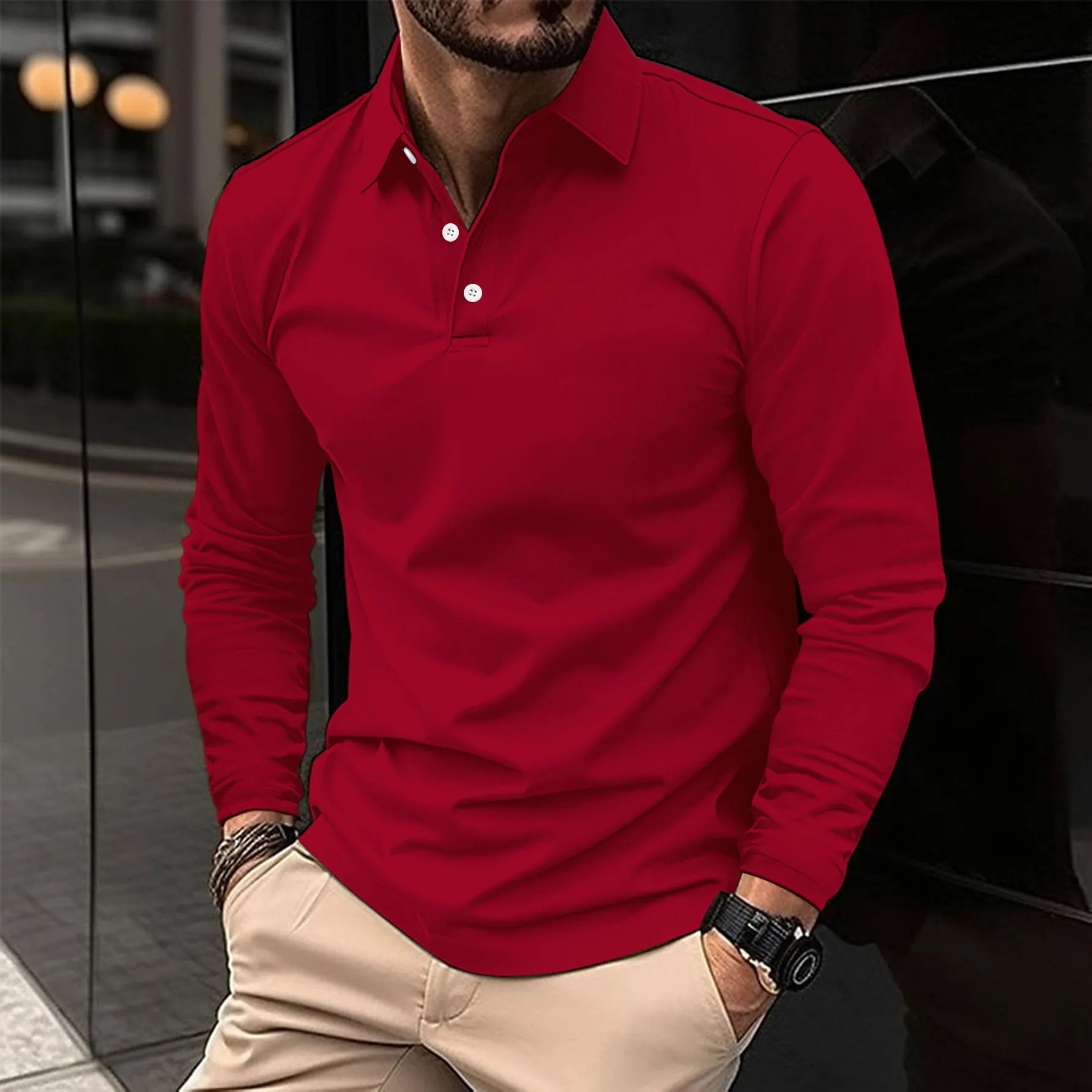 Men's Long Sleeve Polo Shirt Slim Fit with Button Collar