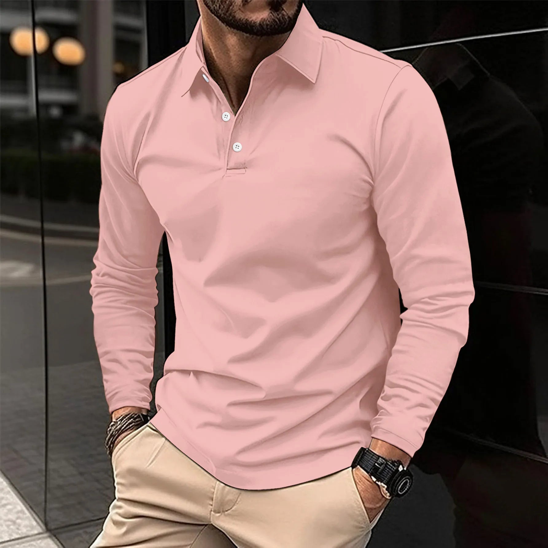 Men's Long Sleeve Polo Shirt Slim Fit with Button Collar