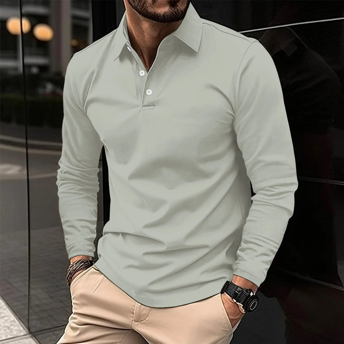 Men's Long Sleeve Polo Shirt Slim Fit with Button Collar