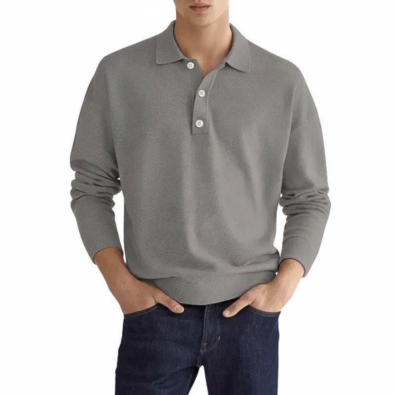 Men's Long Sleeve Polo Shirt with Button Collar and Regular Fit