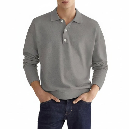 Men's Long Sleeve Polo Shirt with Button Collar and Regular Fit