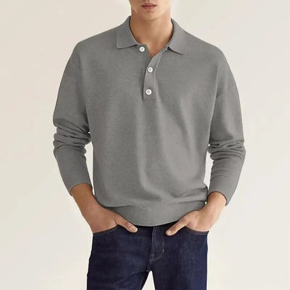 Men's Long Sleeve Polo Shirt with Button Collar and Regular Fit