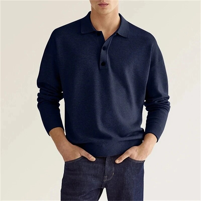 Men's Long Sleeve Polo Shirt with Button Collar and Regular Fit