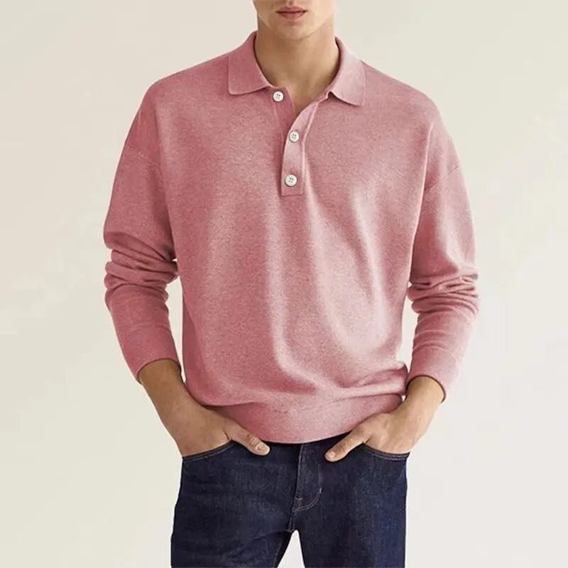 Men's Long Sleeve Polo Shirt with Button Collar and Regular Fit
