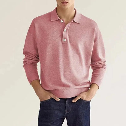 Men's Long Sleeve Polo Shirt with Button Collar and Regular Fit