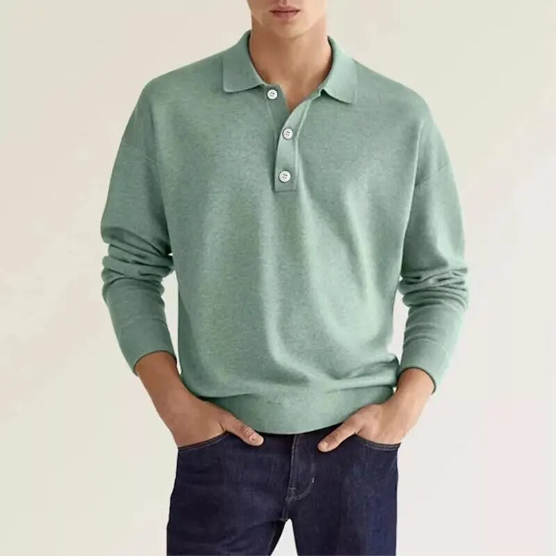 Men's Long Sleeve Polo Shirt with Button Collar and Regular Fit