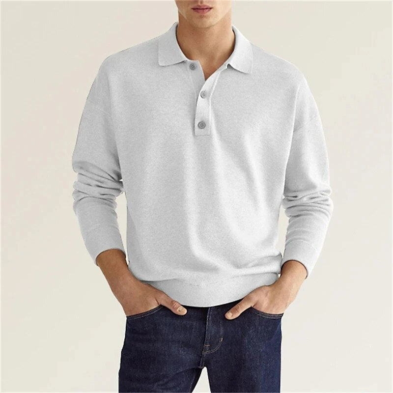 Men's Long Sleeve Polo Shirt with Button Collar and Regular Fit