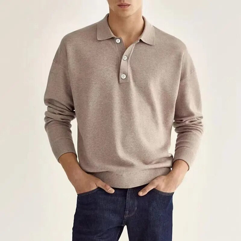 Men's Long Sleeve Polo Shirt with Button Collar and Regular Fit