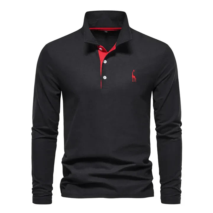 Men's Long Sleeve Polo Shirt with Classic Collar and Giraffe Embroidery