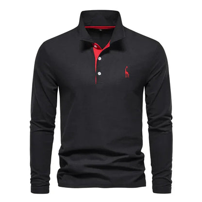 Men's Long Sleeve Polo Shirt with Classic Collar and Giraffe Embroidery