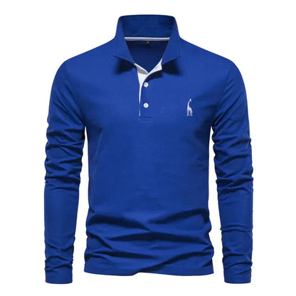 Men's Long Sleeve Polo Shirt with Classic Collar and Giraffe Embroidery