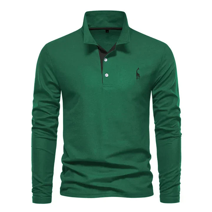 Men's Long Sleeve Polo Shirt with Classic Collar and Giraffe Embroidery