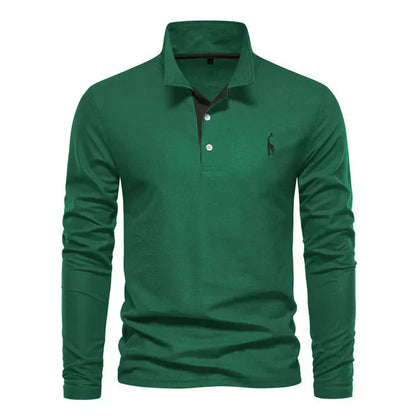 Men's Long Sleeve Polo Shirt with Classic Collar and Giraffe Embroidery