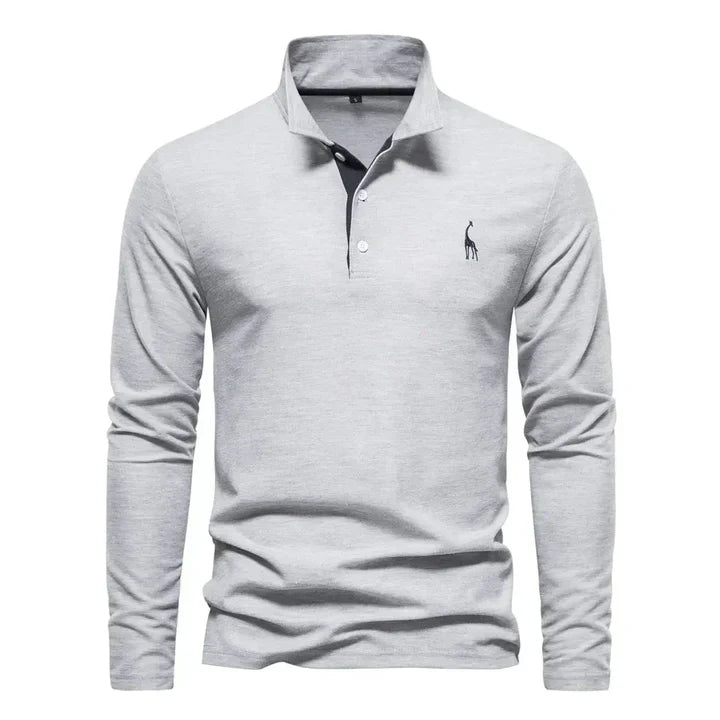 Men's Long Sleeve Polo Shirt with Classic Collar and Giraffe Embroidery