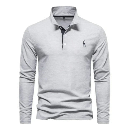 Men's Long Sleeve Polo Shirt with Classic Collar and Giraffe Embroidery