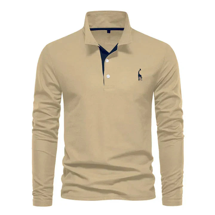 Men's Long Sleeve Polo Shirt with Classic Collar and Giraffe Embroidery