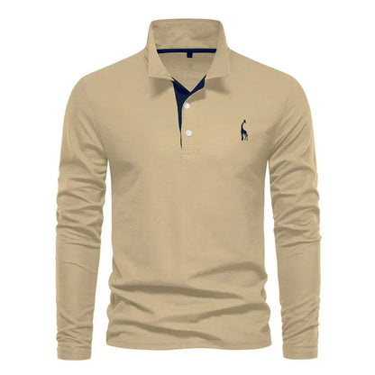 Men's Long Sleeve Polo Shirt with Classic Collar and Giraffe Embroidery