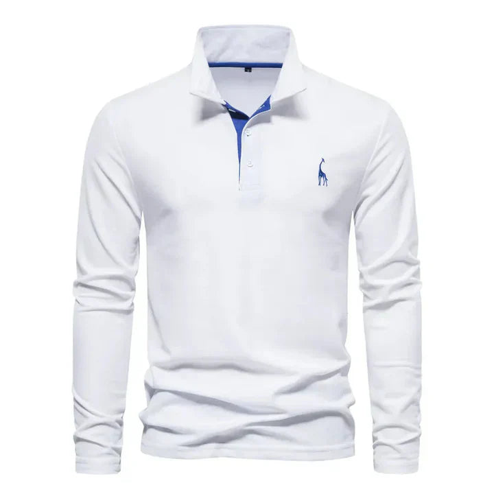 Men's Long Sleeve Polo Shirt with Classic Collar and Giraffe Embroidery