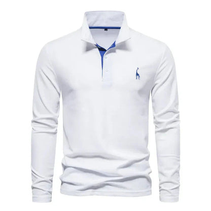 Men's Long Sleeve Polo Shirt with Classic Collar and Giraffe Embroidery