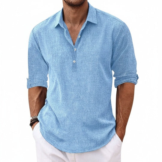 Men's Long Sleeve Polo Shirt with Collar and Button Placket