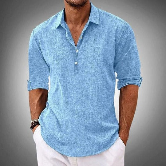 Men's Long Sleeve Polo Shirt with Collar and Button Placket