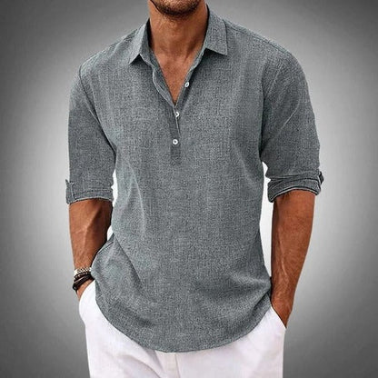 Men's Long Sleeve Polo Shirt with Collar and Button Placket