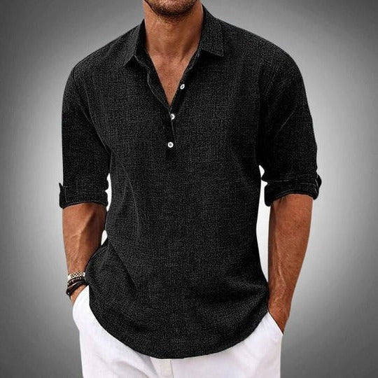 Men's Long Sleeve Polo Shirt with Collar and Button Placket