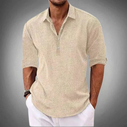 Men's Long Sleeve Polo Shirt with Collar and Button Placket